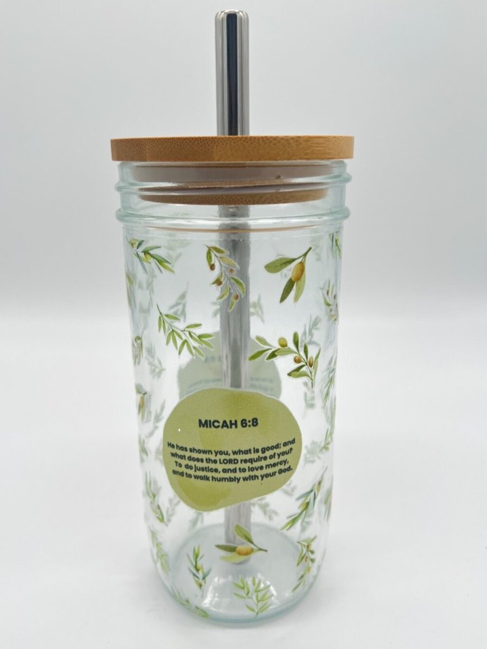NEW - Christian Bilingual Verse W/ Olive Leaves Cup - Custom UV DTF Glass Cup.